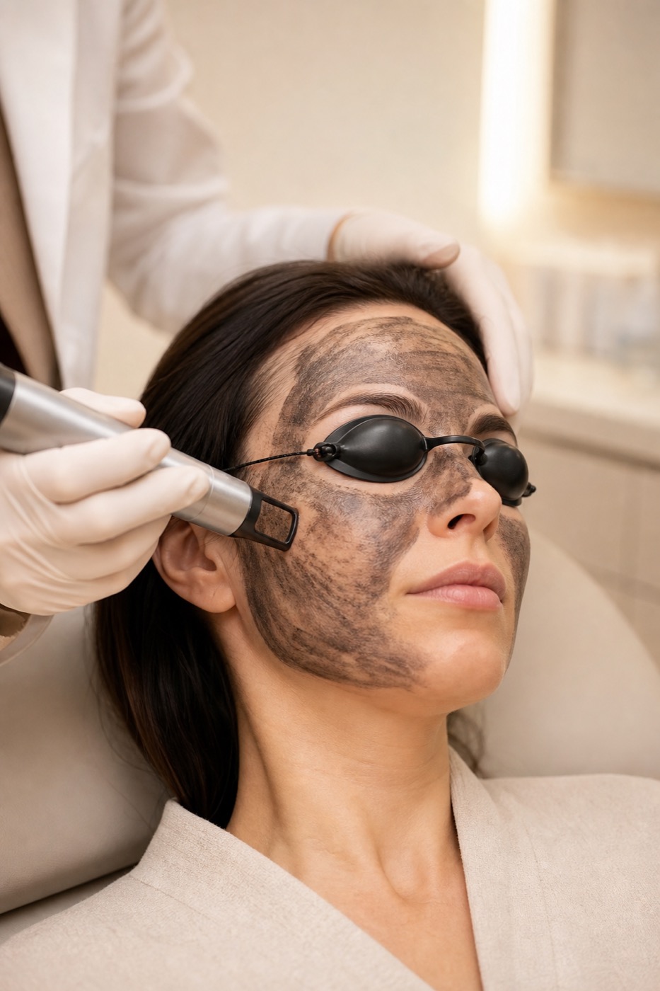 Carbon-Peeling mit Kohlenstoffmaske, Schutzbrille und Laserhandstück