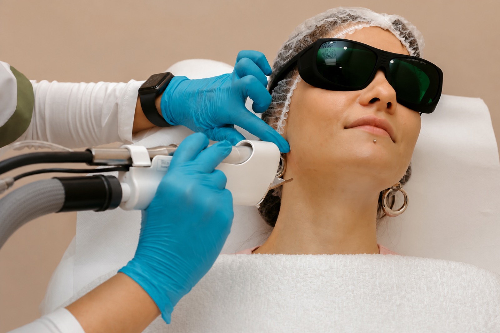 Ärztliche Laserbehandlung im Gesicht mit Schutzbrille