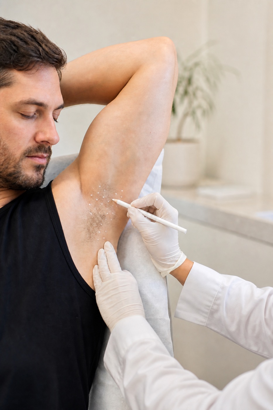 Ärztliche Markierung der Achsel vor einer Hyperhidrose-Behandlung