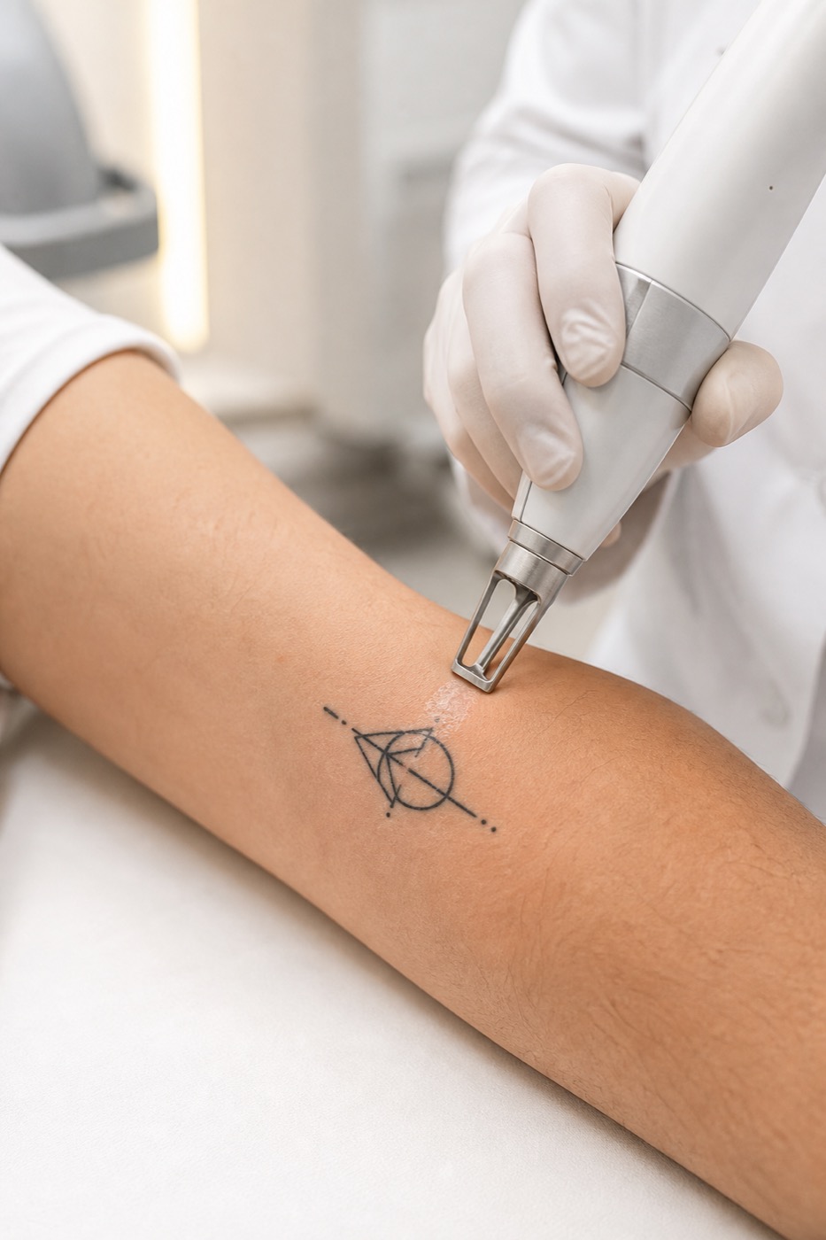 Laserbehandlung zur Entfernung eines Tattoos am Unterarm