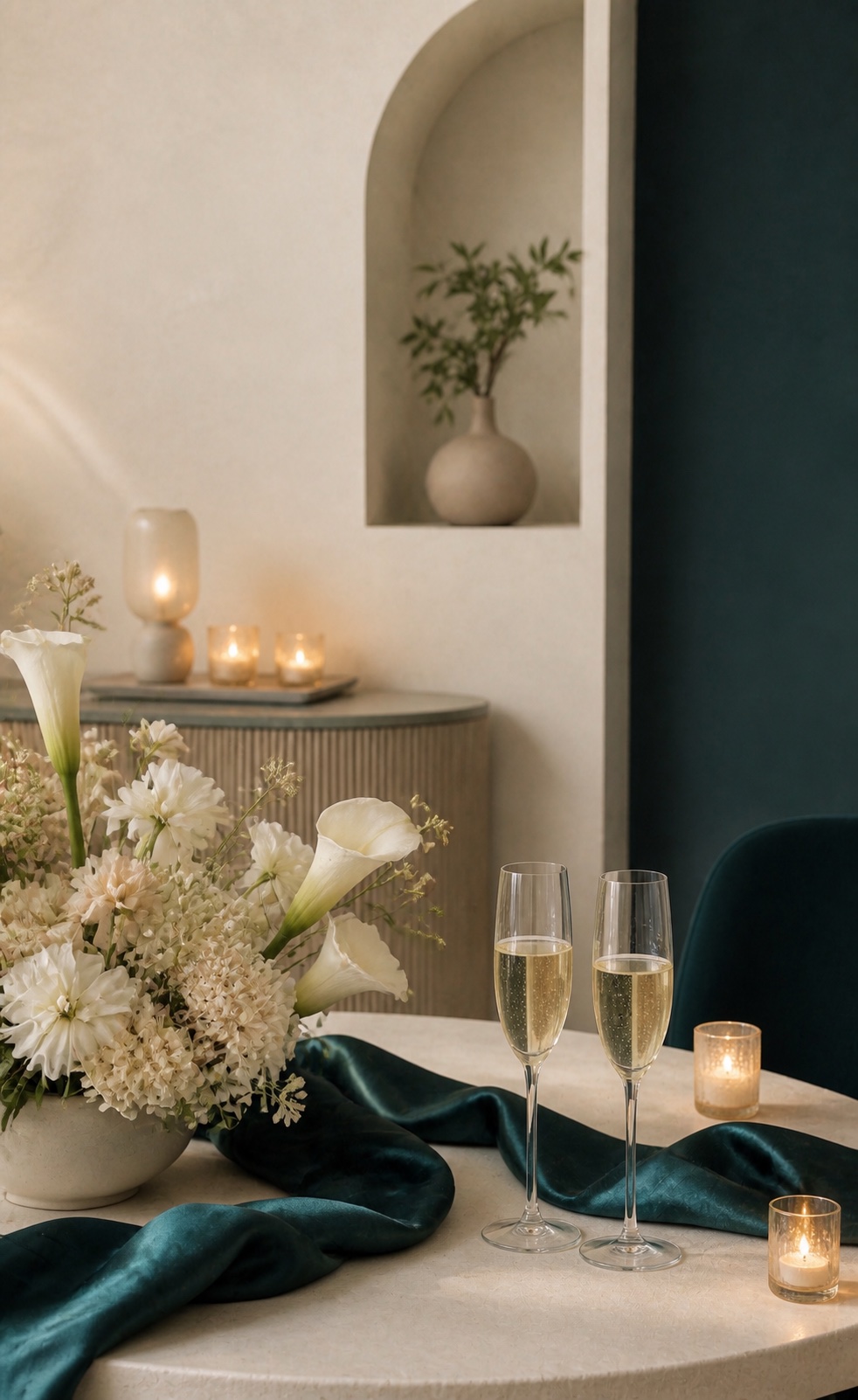 Elegantes Eröffnungsarrangement mit Blumen und warmem Licht bei Aestus Berlin