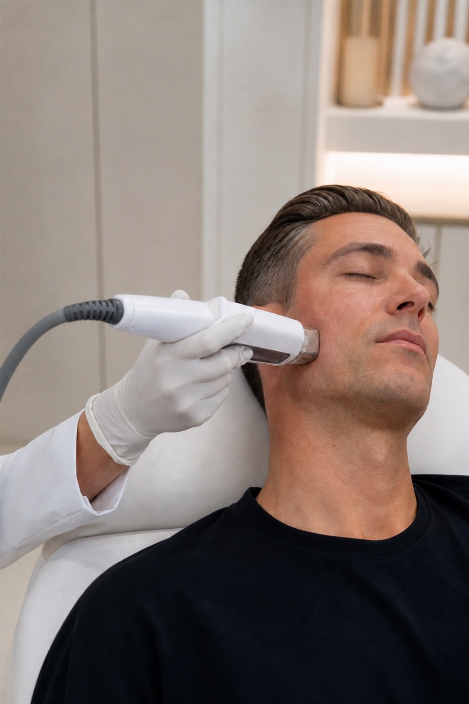 Radiofrequenz-Microneedling an der Wange mit professionellem Handstück